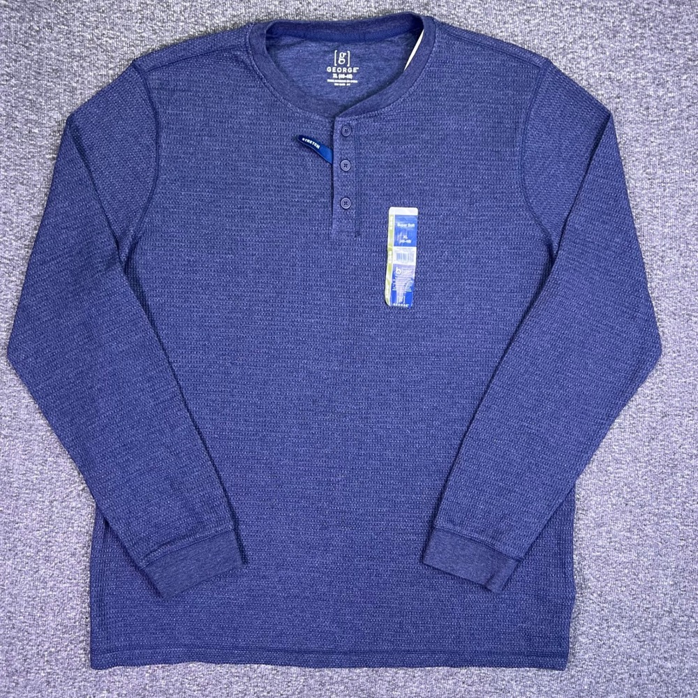 George Henley Shirt Mens XL Blue Heather Thermal Waffle Stretch Long Sleeve NEW